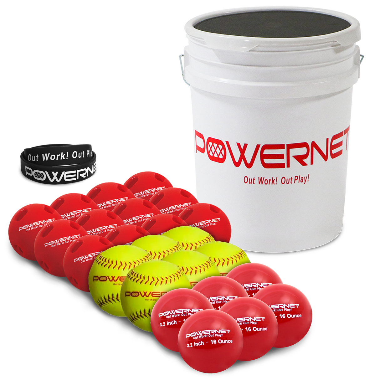 Ball Bucket Crusher Balls, Regulation Softballs & 3.2" Weighted Training Balls | (24 Balls Total) sports PowerNet