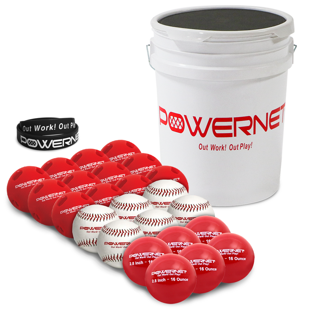 Ball Bucket, Crusher Balls, Baseballs, & 2.8" Weighted Balls | (24 Balls Total) sports PowerNet