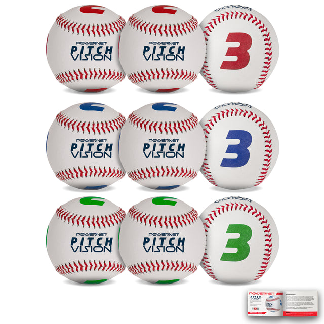 Pitch Vision Training Baseballs 3 OR 9 Pack | 4 Numbered Sides | Multicolored Training Ball PowerNet 9-Pack