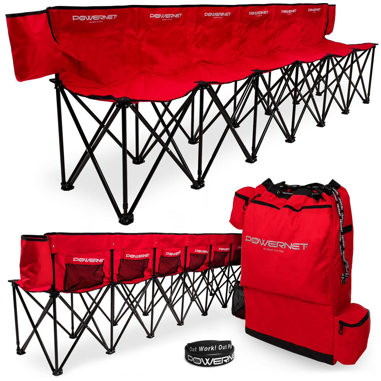 6 Seater Team Bench Portable Folding Chair Field Equipment PowerNet Red