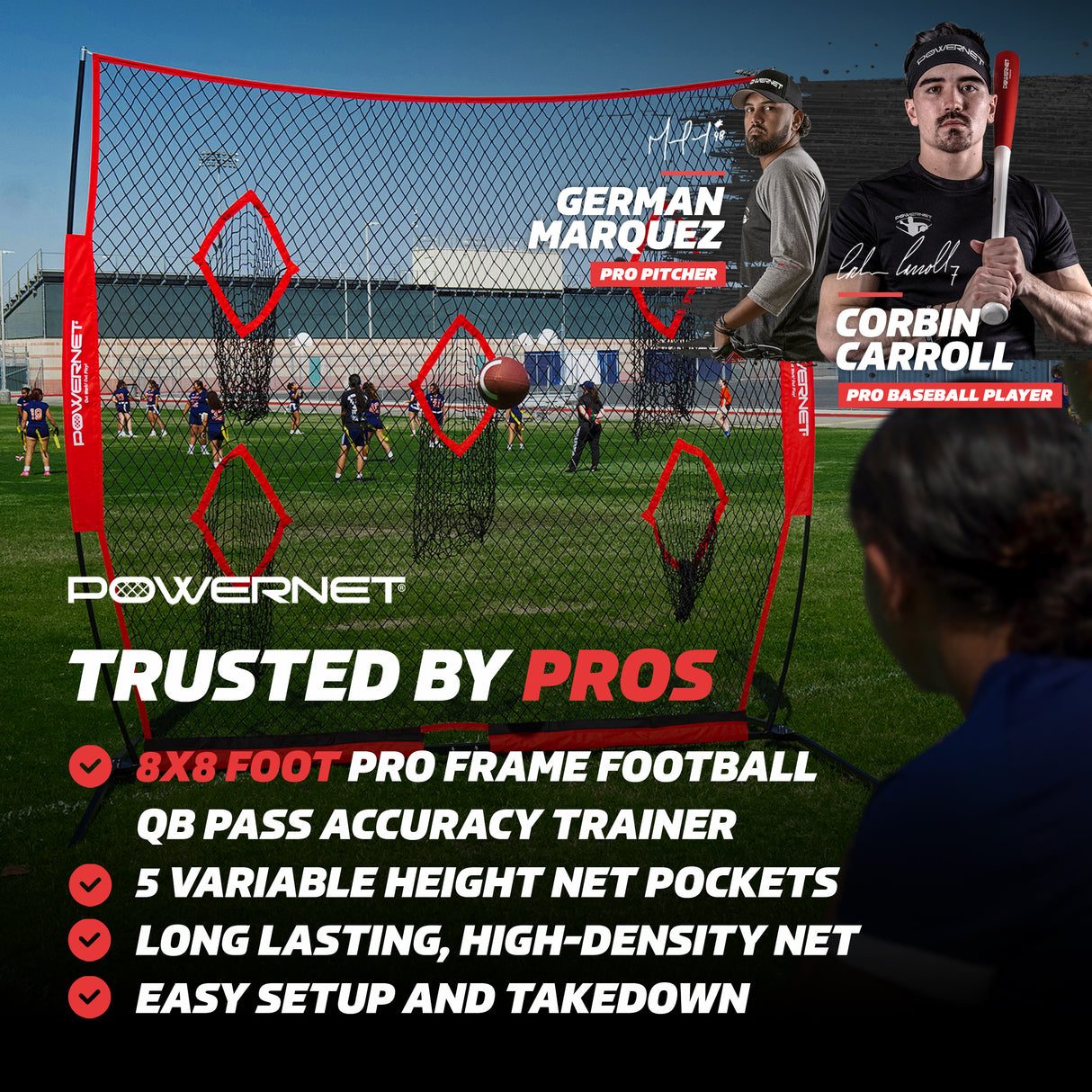 Football QB Pass Accuracy Trainer | 8' x 8' Portable Passing Net w/ 5 Target Pockets Sports PowerNet