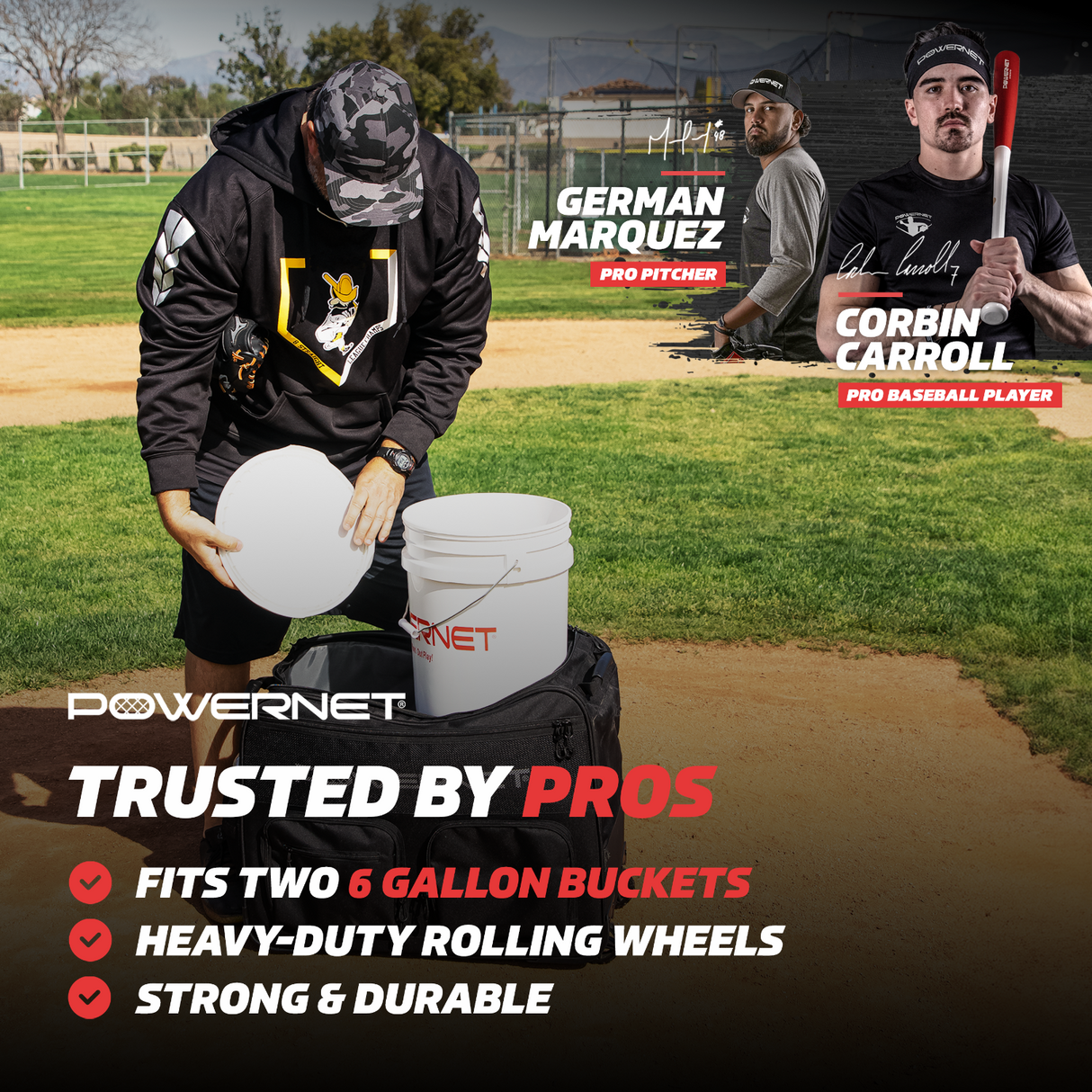 Rolling Baseball Coach Bag Caddy | Holds Two Gallon Bucket Balls Wheeled bags PowerNet