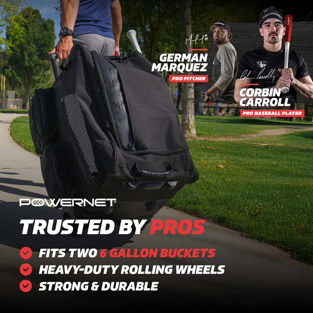 PRO Rolling Baseball Coach Bag Caddy | Holds Two Gallon Bucket Balls PowerNet by TrainingNets