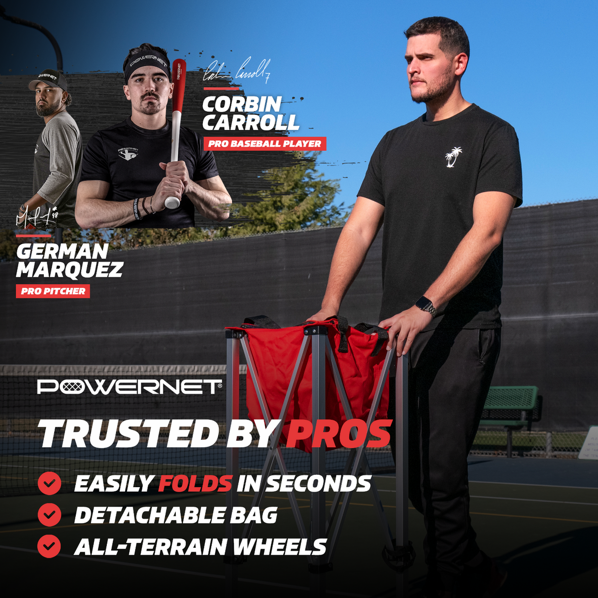 Wheeled Ball Caddy Cart for Baseball Softball and Tennis Sports PowerNet