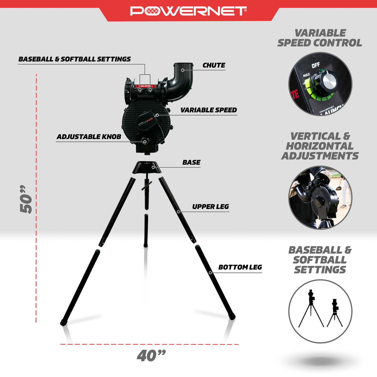 Launch F-Lite Pitching Machine | Simulates up to 90 MPH (V2) Pitching Machine PowerNet