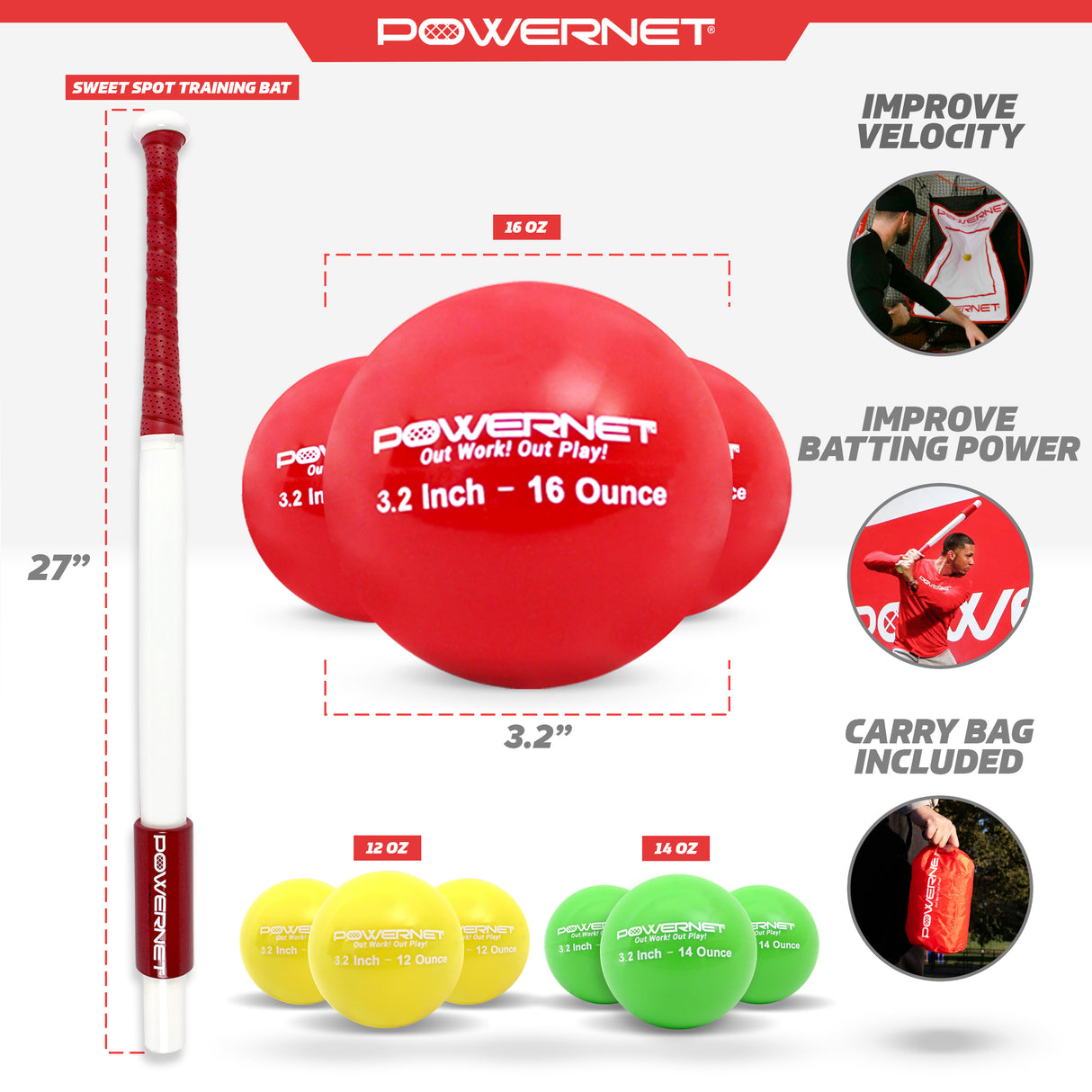 Sweet Spot Training Bat + Softball 3.2" Progressive Weighted Ball 9 LITE Pack Bundle Sports PowerNet