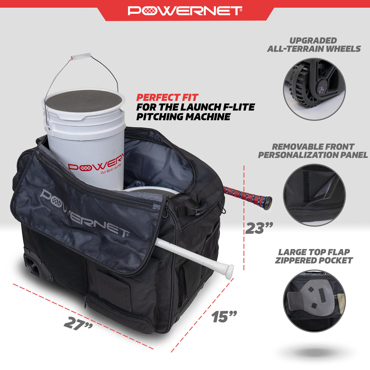 PRO Rolling Baseball Coach Bag Caddy | Holds Two Gallon Bucket Balls PowerNet by TrainingNets