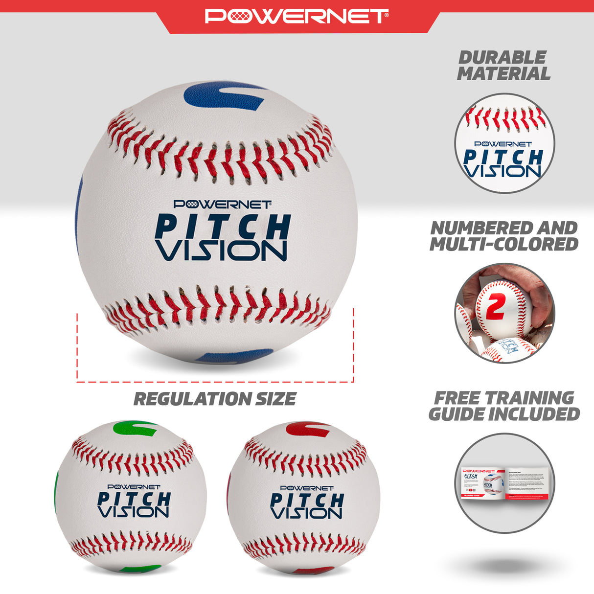 Pitch Vision Training Baseballs 3 OR 9 Pack | 4 Numbered Sides | Multicolored Training Ball PowerNet