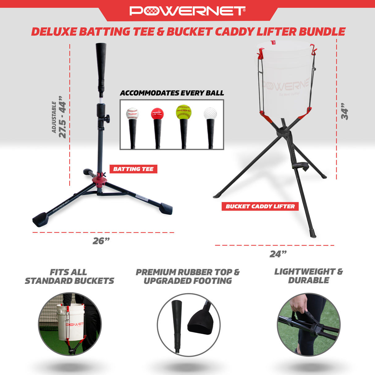 Deluxe Batting Tee (2.5 lbs) + Bucket Caddy Lifter Bundle Sports PowerNet