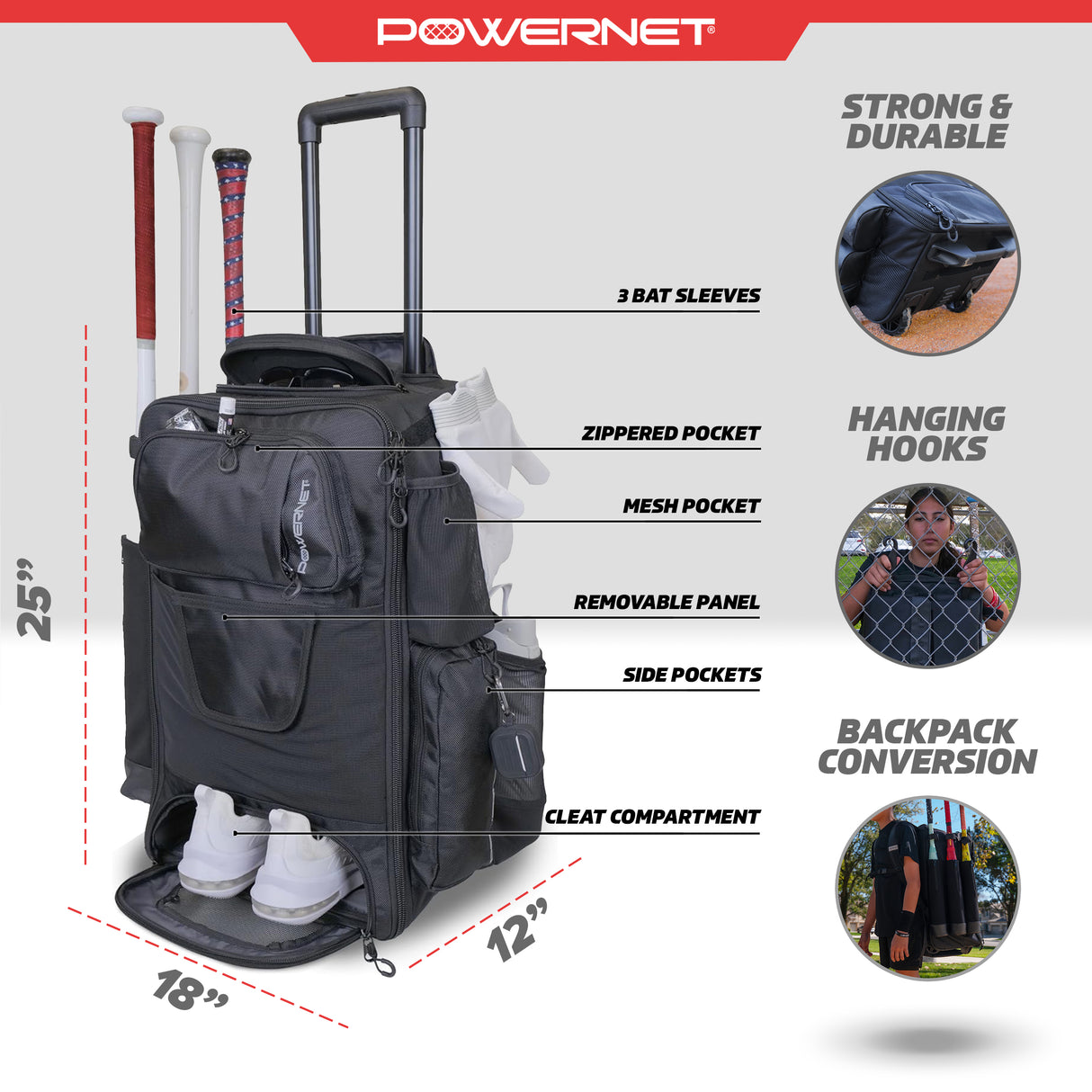 PRO Odyssey Rolling Backpack for Softball & Baseball PowerNet by TrainingNets
