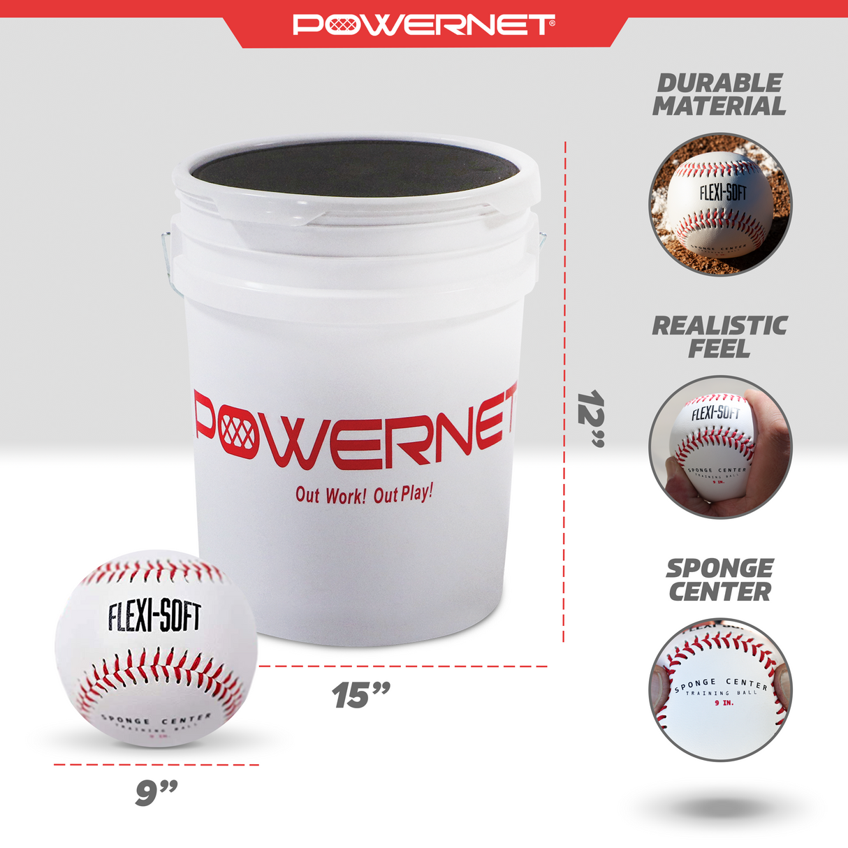 Flexi Soft Baseballs 24 Pack with Bucket Bundle | Cushioned Core Safety Ball Flexi Soft Baseball PowerNet