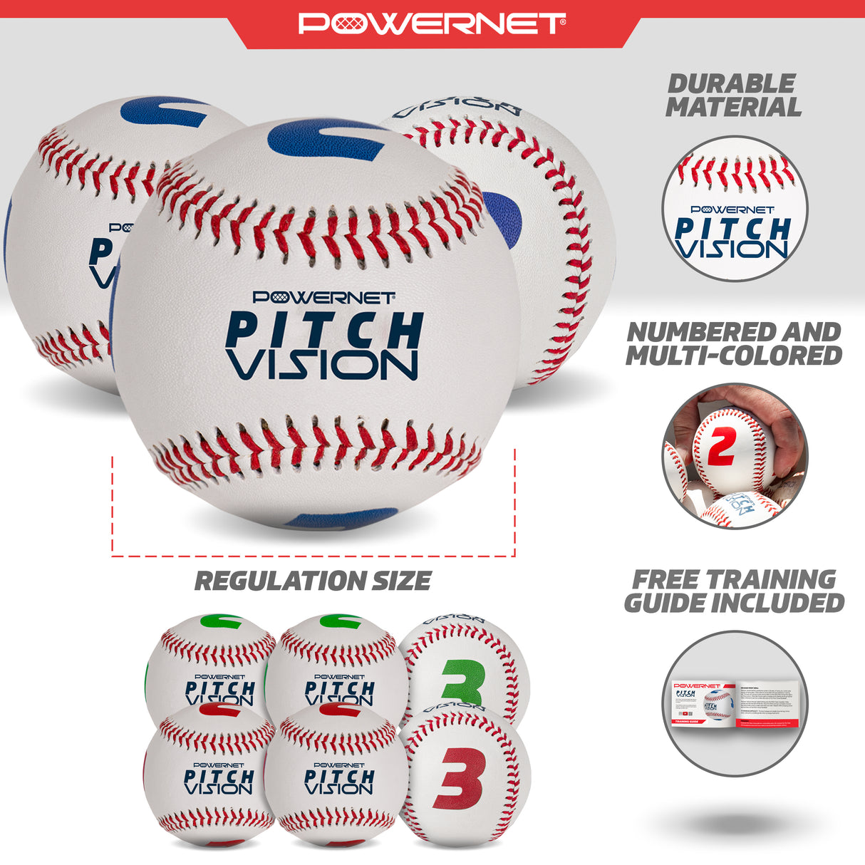 Pitch Vision Training Baseballs 3 OR 9 Pack | 4 Numbered Sides | Multicolored Training Ball PowerNet