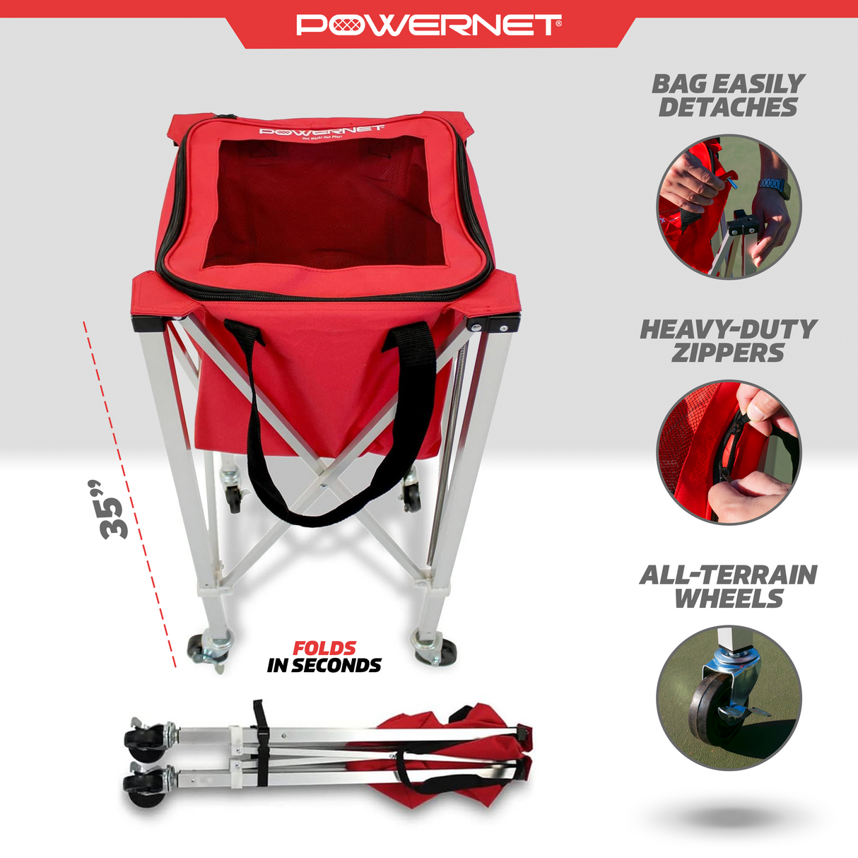 Wheeled Ball Caddy Cart for Baseball Softball and Tennis Sports PowerNet