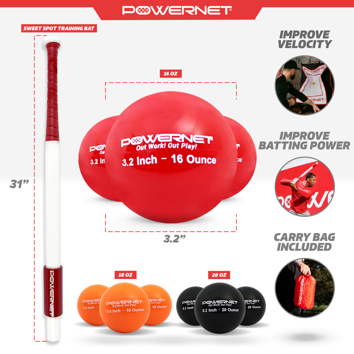Sweet Spot Training Bat + Softball 3.2" Progressive Weighted Ball 9 PRO Pack Bundle Sports PowerNet