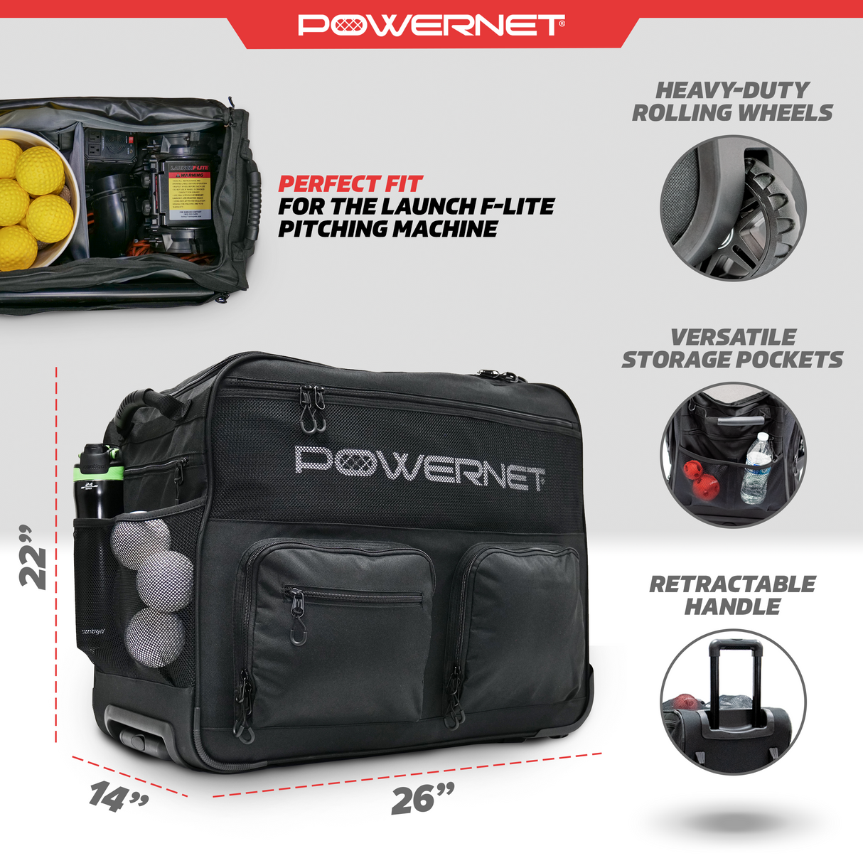 Rolling Baseball Coach Bag Caddy | Holds Two Gallon Bucket Balls Wheeled bags PowerNet