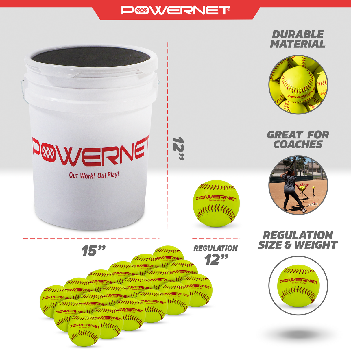 Regulation Sized Softball Bucket Bundle | Includes 18 Softballs Baseball And Softball Field Accessories PowerNet