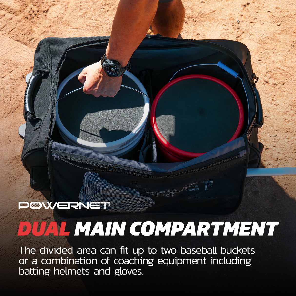 PRO Rolling Baseball Coach Bag Caddy | Holds Two Gallon Bucket Balls PowerNet by TrainingNets