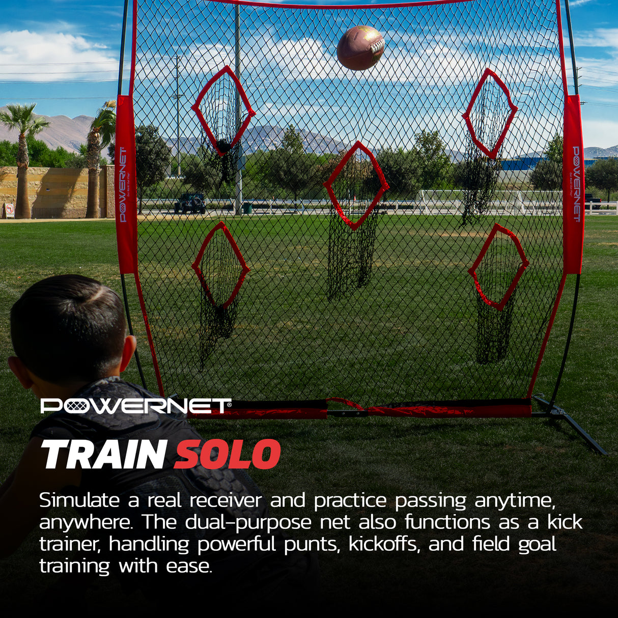 Football QB Pass Accuracy Trainer | 8' x 8' Portable Passing Net w/ 5 Target Pockets Sports PowerNet
