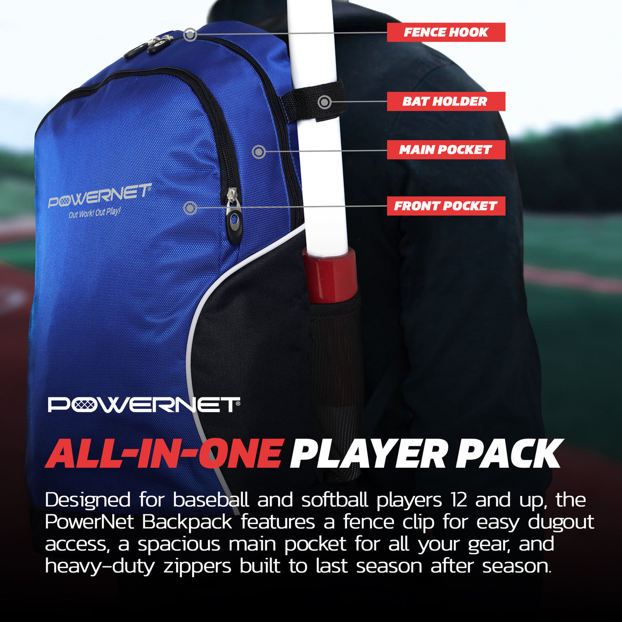 Baseball Softball Backpack M Choose from 3 Colors Red Black Blue Sports PowerNet