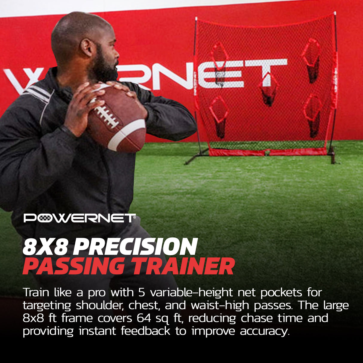 Football QB Pass Accuracy Trainer | 8' x 8' Portable Passing Net w/ 5 Target Pockets Sports PowerNet