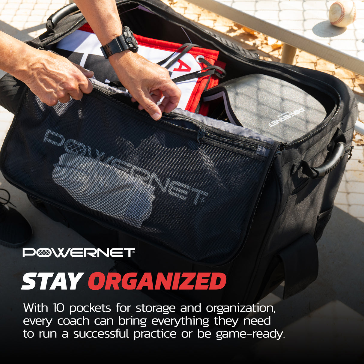 PRO Rolling Baseball Coach Bag Caddy | Holds Two Gallon Bucket Balls PowerNet by TrainingNets
