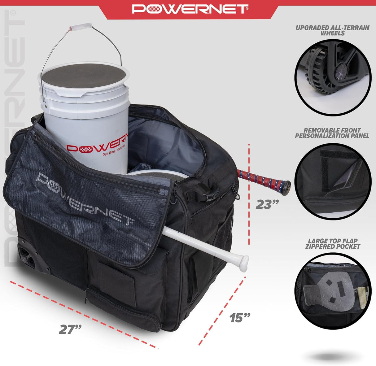 PRO Rolling Baseball Coach Bag Caddy | Holds Two Gallon Bucket Balls PowerNet by TrainingNets