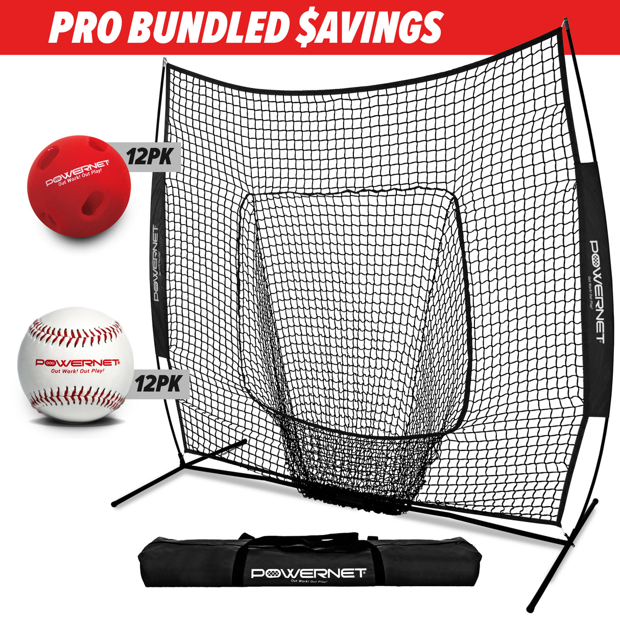 Pro Training Bundle | 7x7 Net, Crushers Training Balls & Practice Baseballs TrainingNets by PowerNet Black