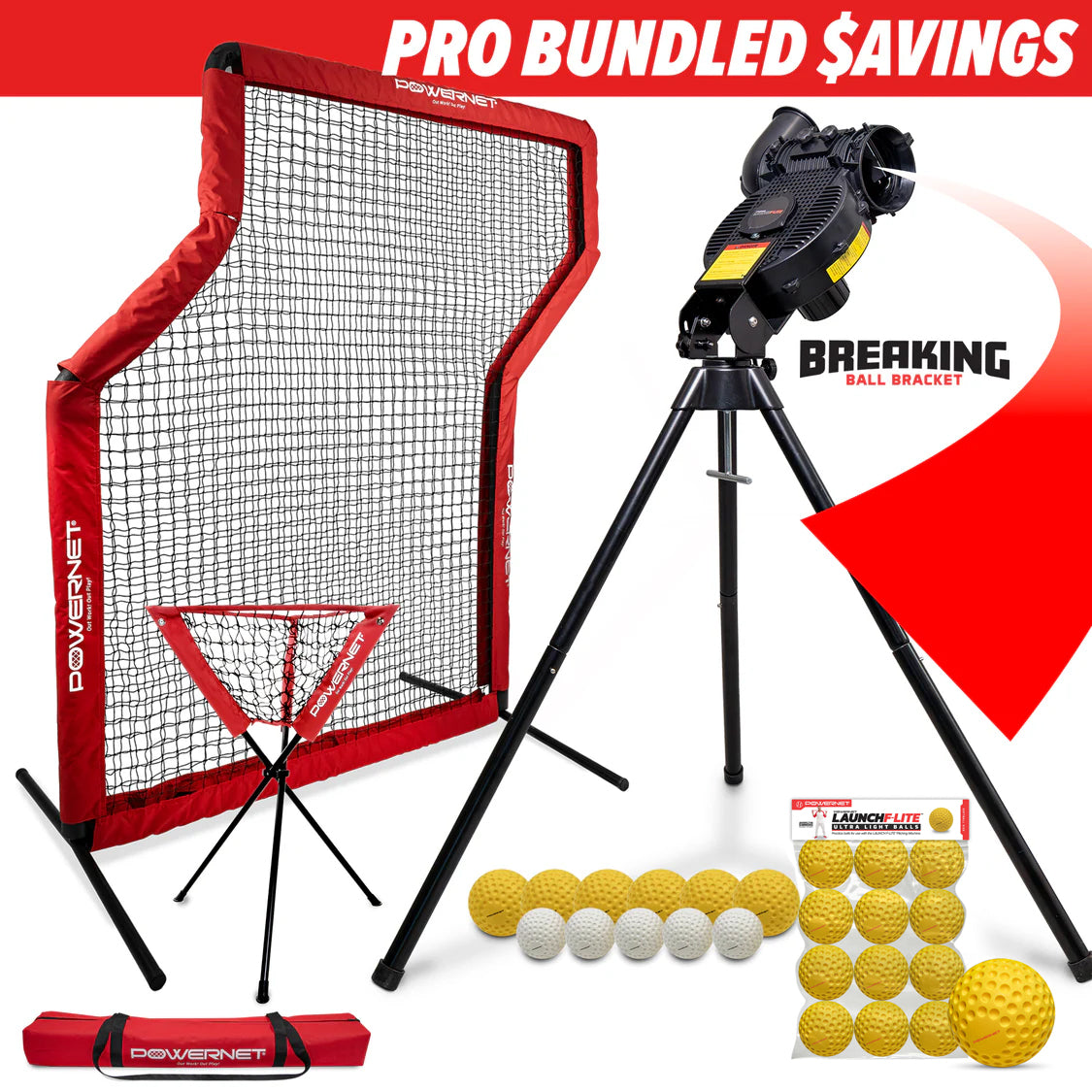 Pro Training Bundle | Breaking Ball Pitching Machine, Z-Screen, Ball Caddy & F-Lite Balls PowerNet by TrainingNets Softball