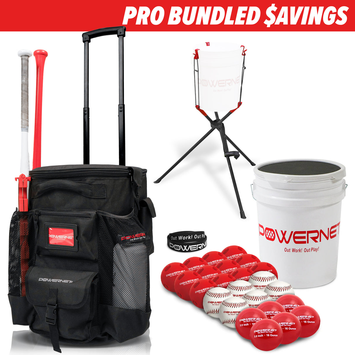 PRO BUNDLE | Wheeled Bucket Organizer Bundles TrainingNets by PowerNet Practice Baseballs + Crushers + 2.8" Weighted Balls