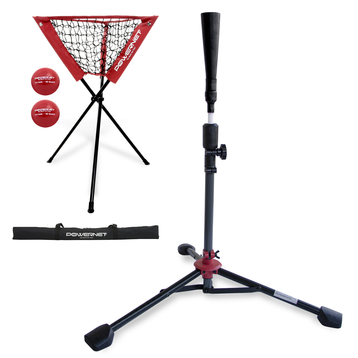 Deluxe Tee (2.5 lbs), Ball Caddy, 2 PK Weighted Training Balls Bundle sports PowerNet Red