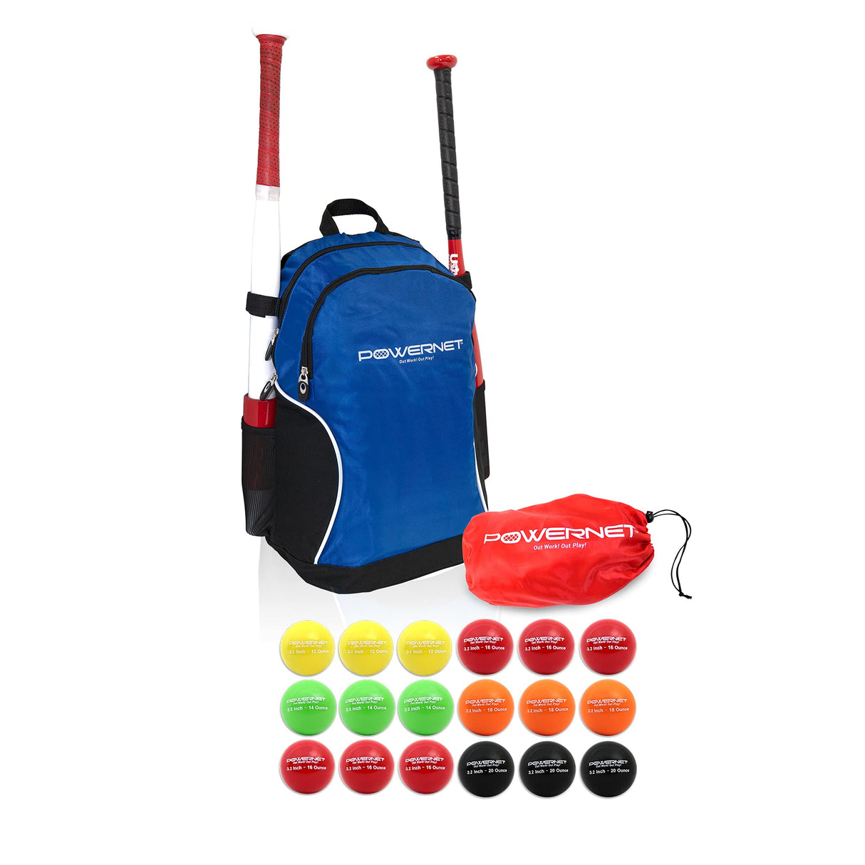 3.2" Weighted Progressive Training Balls Bundle with Backpack Sports PowerNet Blue