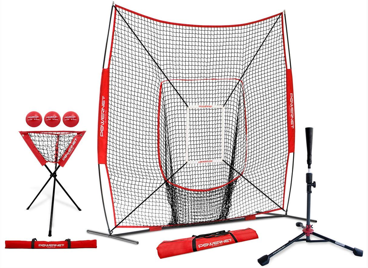 8x8 Practice Net and Portable Tee Bundle Baseball Practice Nets PowerNet Red