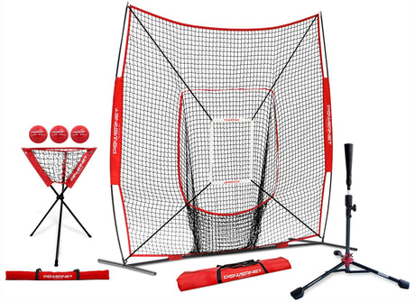 8x8 Practice Net and Portable Tee Bundle Baseball Practice Nets PowerNet Red