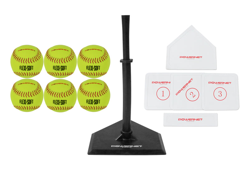 PowerNet Softball T-Ball Coaching Bundle 8 Piece Tee-Ball Set 6 Soft Core Softballs, Adjustable Tee, Throw Down Bases