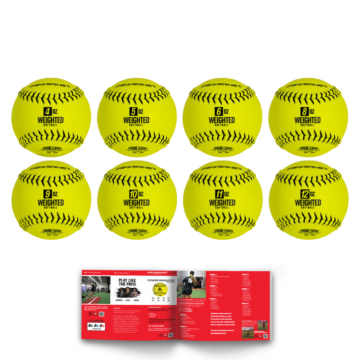 Weighted Softballs | 8 Different Weights Included | 4 to 12 oz Training Ball PowerNet