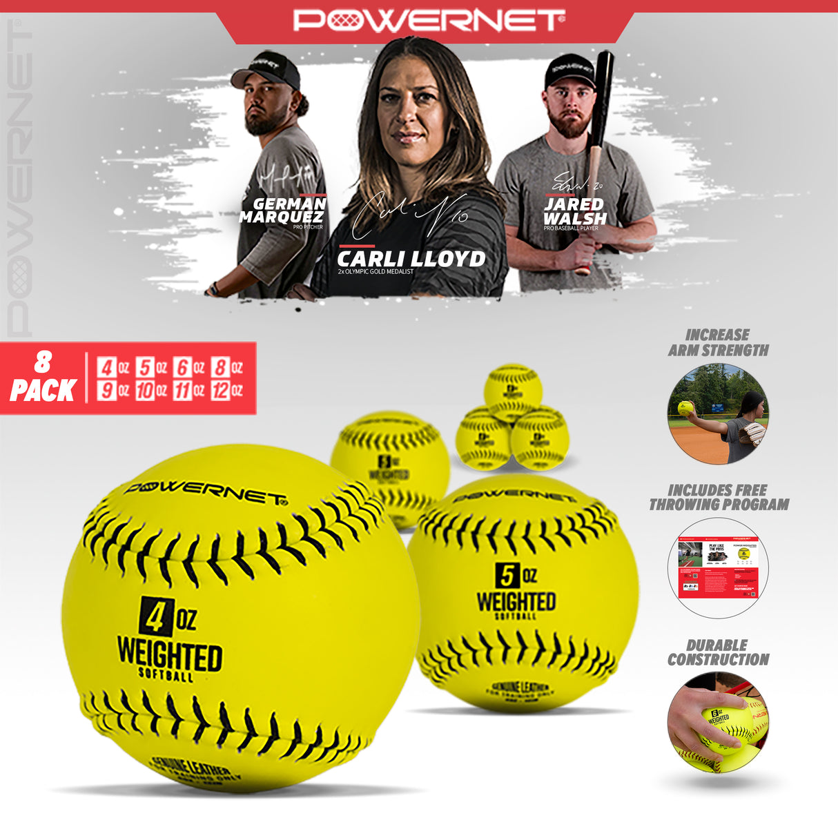 Weighted Softballs | 8 Different Weights Included | 4 to 12 oz Training Ball PowerNet