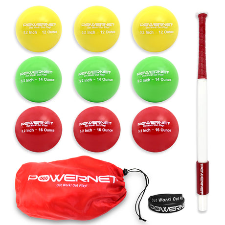 Sweet Spot Training Bat + Softball 3.2" Progressive Weighted Ball 9 LITE Pack Bundle Sports PowerNet 34 In. Bat