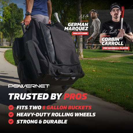 PRO Rolling Baseball Coach Bag Caddy | Holds Two Gallon Bucket Balls PowerNet by TrainingNets