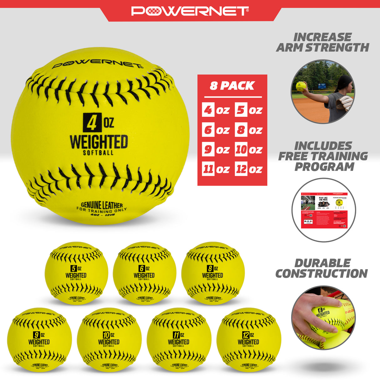 Weighted Softballs | 8 Different Weights Included | 4 to 12 oz Training Ball PowerNet