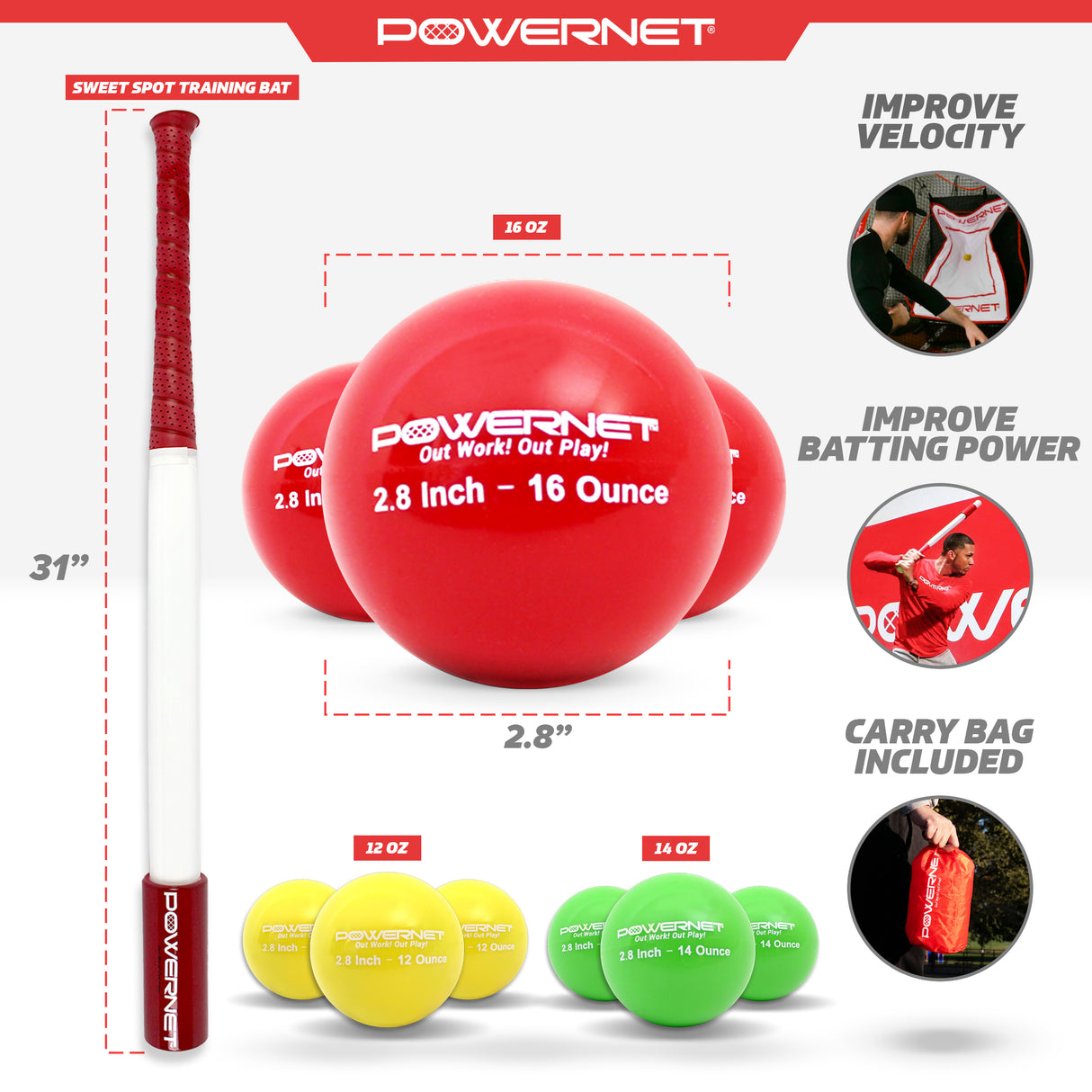 Sweet Spot Training Bat + 2.8" Progressive Weighted Ball 9 LITE Pack Bundle Sports PowerNet
