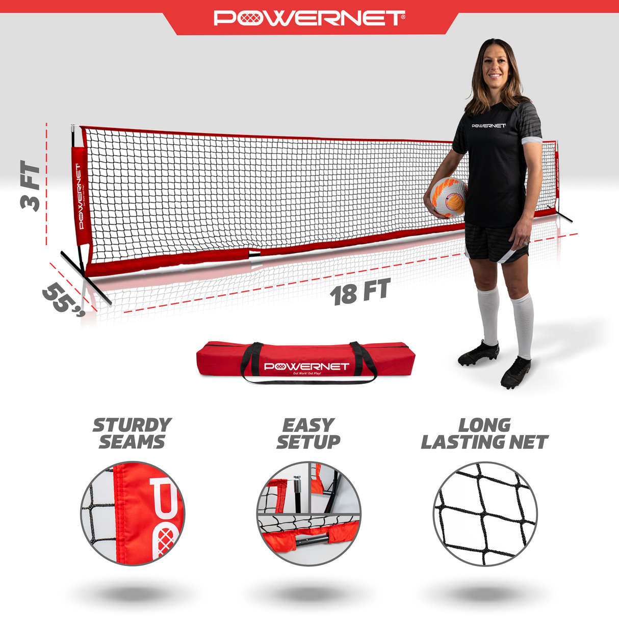 Portable Soccer Tennis & Pickle Ball Training Net | (12 x 3 FT or 18 x 3 FT) Sports PowerNet 18x3 Feet