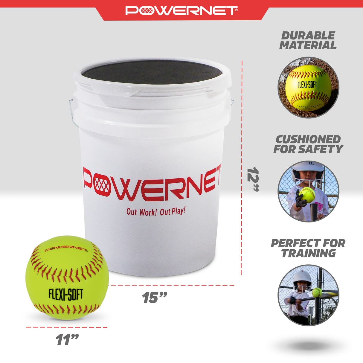 11 In Flexi-Soft Softball Bucket Bundle | Includes 18 Flexi-Softballs Flexi Soft 11" Softballs PowerNet