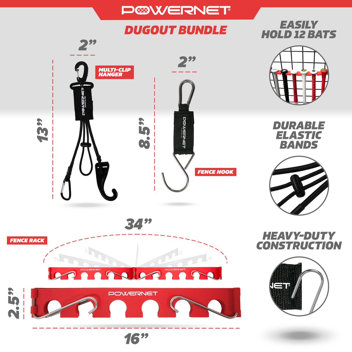 Dugout Bundle | Bat Fence Rack + Fence Hook + Gear Hanger Sports PowerNet
