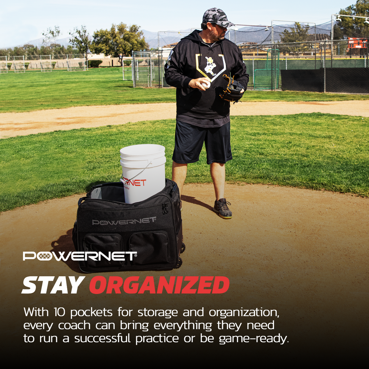 Rolling Baseball Coach Bag Caddy | Holds Two Gallon Bucket Balls Wheeled bags PowerNet