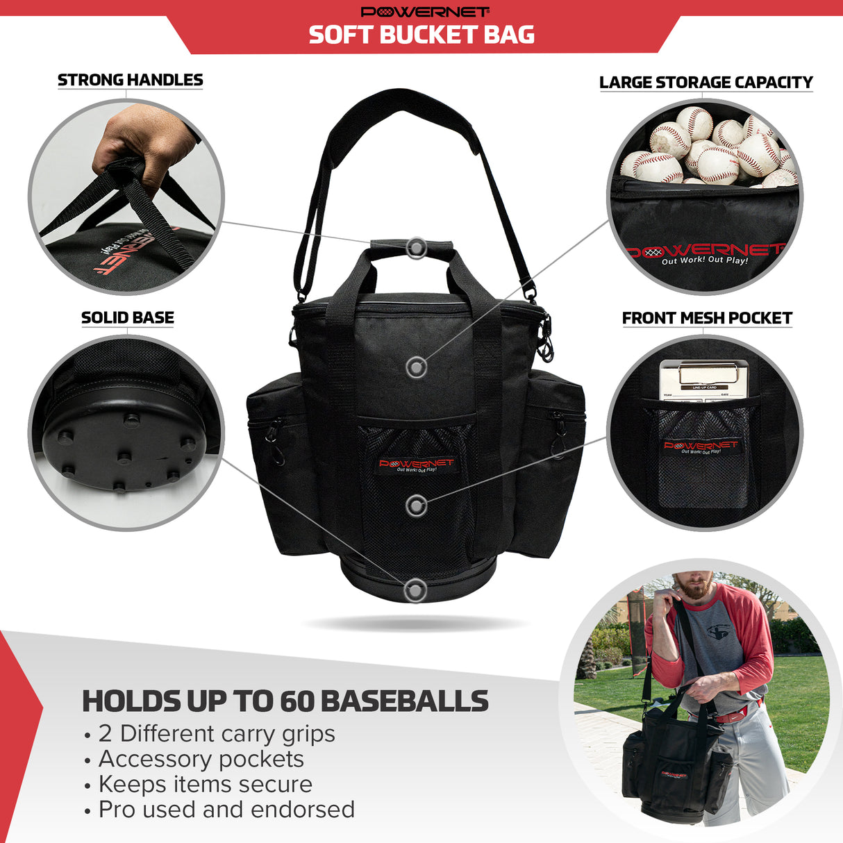 PRO BUNDLE | Shoulder Bucket Bag w/ Practice Baseballs TrainingNets by PowerNet