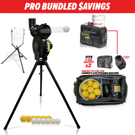PRO BUNDLE | Launch F-lite Pitching Machine With Wheeled Coaching Carry Case TrainingNets by PowerNet