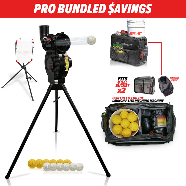 PRO BUNDLE | Launch F-lite Pitching Machine With Wheeled Coaching Carry Case TrainingNets by PowerNet