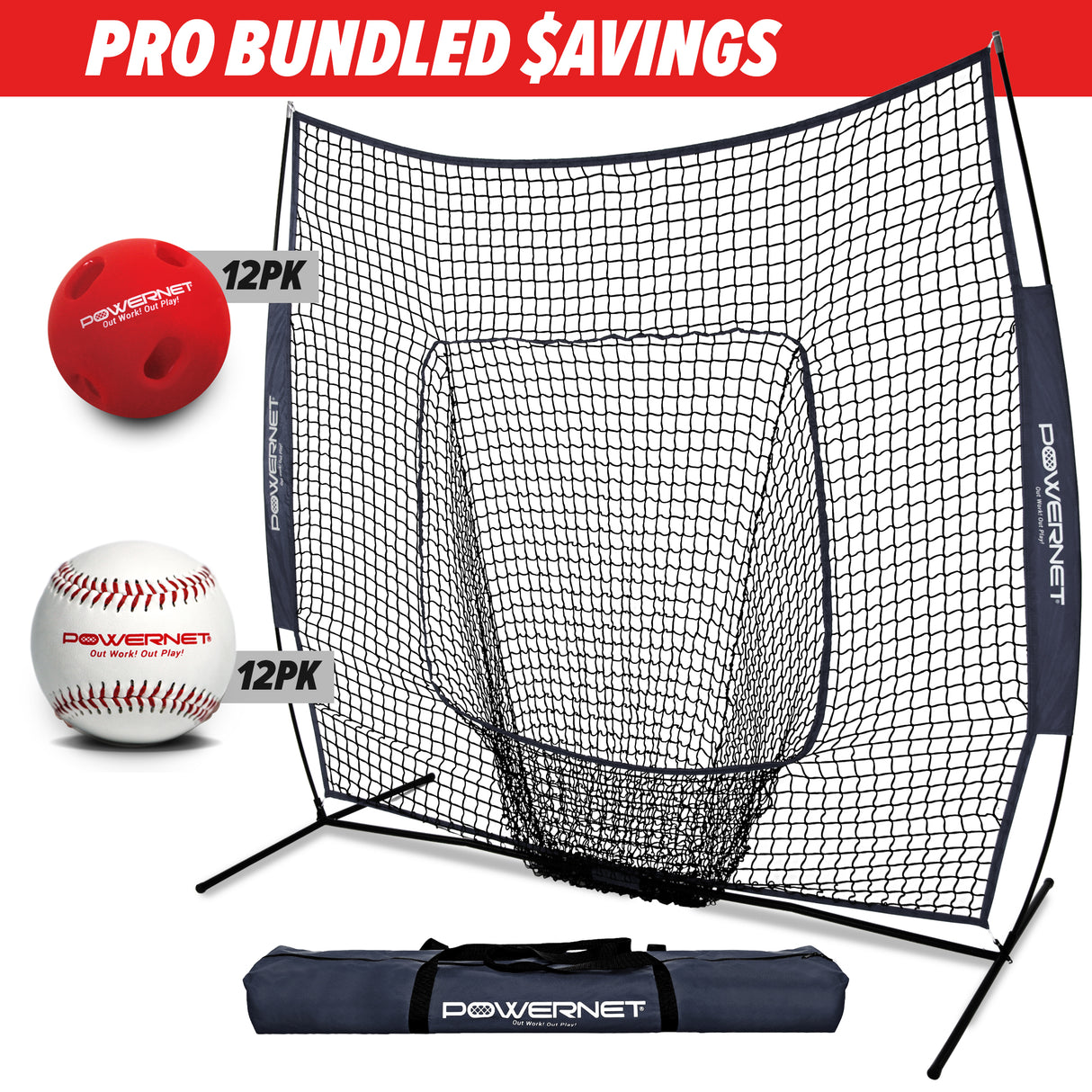 Pro Training Bundle | 7x7 Net, Crushers Training Balls & Practice Baseballs TrainingNets by PowerNet Navy