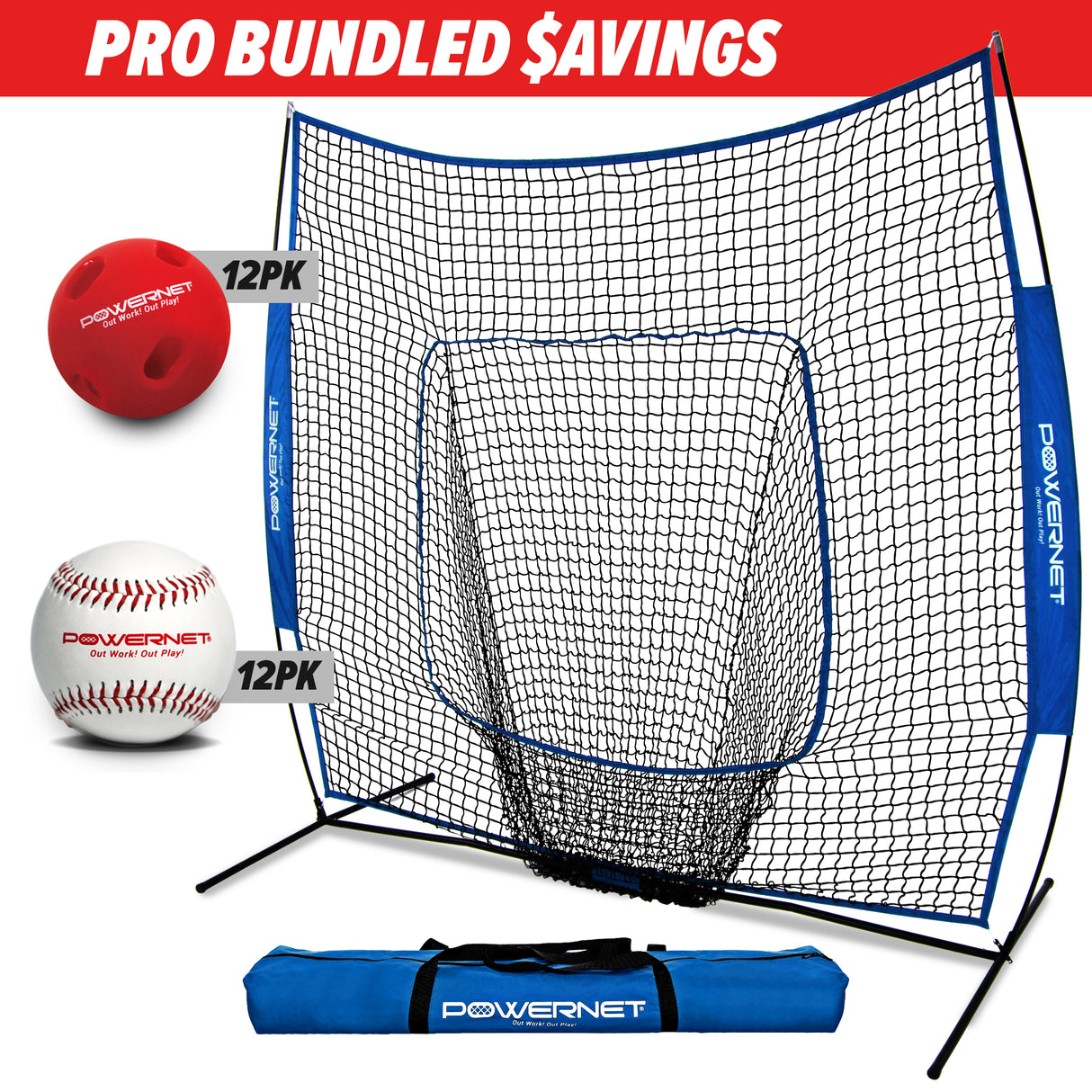 Pro Training Bundle | 7x7 Net, Crushers Training Balls & Practice Baseballs TrainingNets by PowerNet Royal Blue