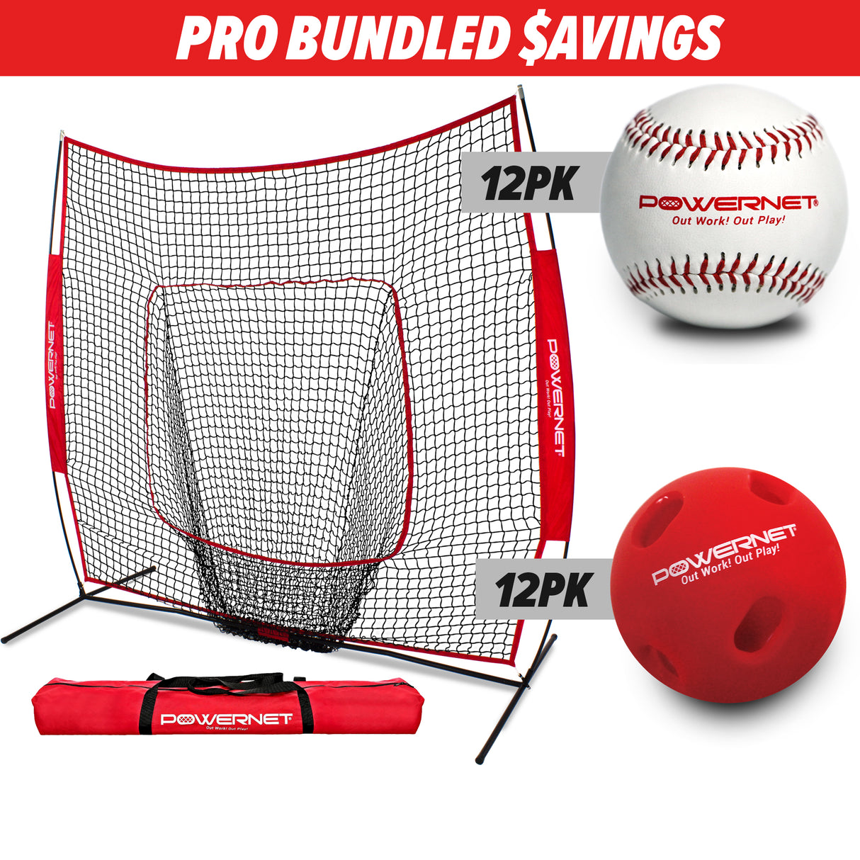 Pro Training Bundle | 7x7 Net, Crushers Training Balls & Practice Baseballs TrainingNets by PowerNet Red